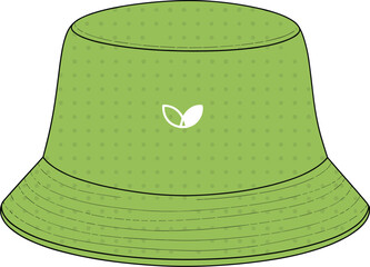 Stylish green bucket hat vector illustration, featuring a subtle dot pattern and clean minimalist leaf logo, perfect for trendy apparel and accessory designs with a natural aesthetic. © Hasan Creatives