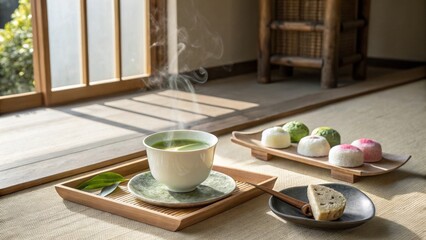 Traditional Japanese Tea Ceremony with Matcha and Sweet Treats in a Serene Indoor Setting