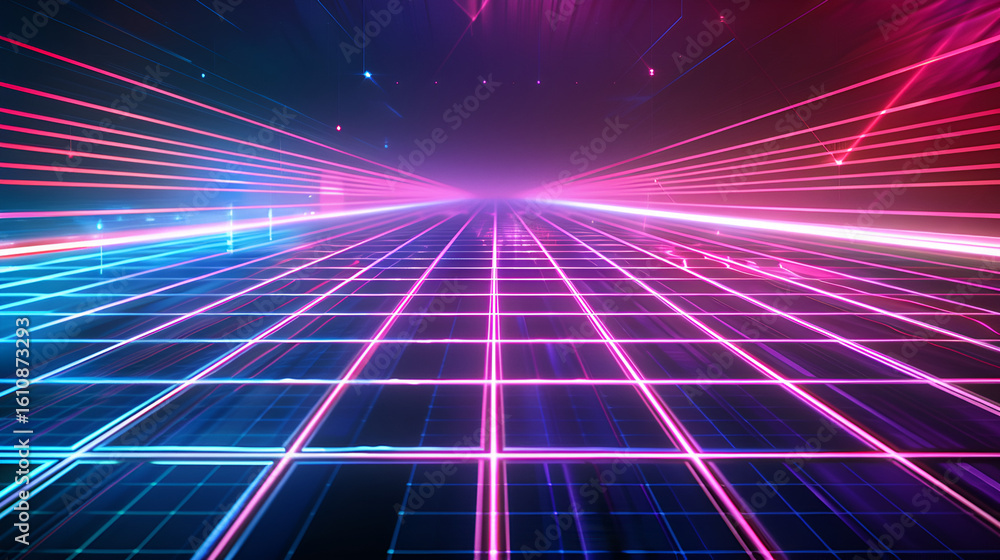 Aufkleber glowing grid with pink and blue lines creating a perspective view into a dark futuristic space