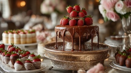 Chocolate fountain surrounded by fresh strawberries and elegant desserts at a celebration event