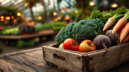 Freshly harvested vegetables in a rustic crate at a vibrant indoor market during the day