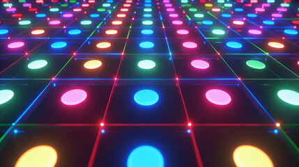 A colorful illuminated dance floor with round lights and grid lines creating a retro disco vibe