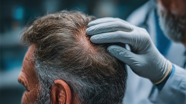 Doctor examines scalp of man with alopecia during consultation for hair restoration treatment in medical clinic setting