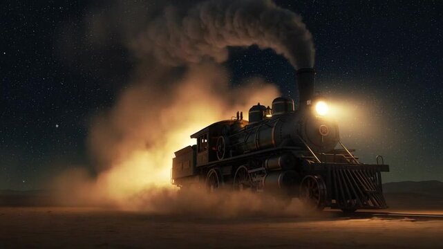 Vintage Steam Train Journeying Through Starry Desert Night Landscape.