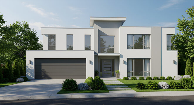 Exterior view of a modern two-story residential house with minimalist design - Powered by Adobe