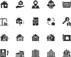 Vector set of real estate flat icons. Contains icons  house, apartment, cottage, new building, mortgage,architectural plan and more. Pixel perfect.