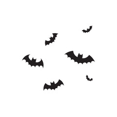 Fototapeta premium Swarm on flying bat silhouette. Scattered bat silhouettes in flight across white space.