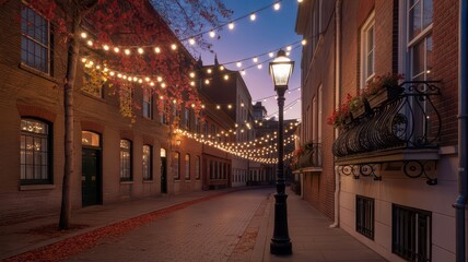 Obraz premium Charming autumn in the city street with string lights at dusk 