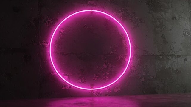 Glowing Pink Neon Circle on Rustic Concrete Wall: Abstract Background.