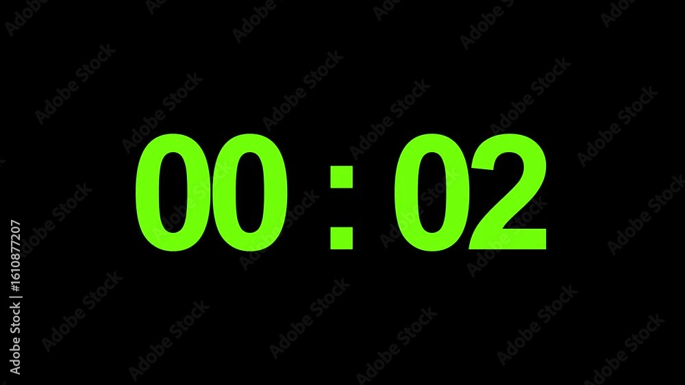 Poster digital countdown timer neon bright blue color animation of 29 second transparent on black backgroun
