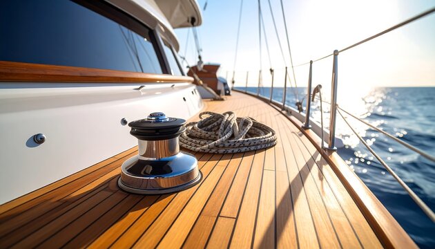 Polished teak deck of a sailboat at sea, with rope coiled near a winch