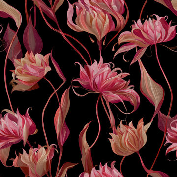 Seamless floral pattern with elegant pink tulips on a black background. Curved lines and soft tones create a romantic, modern look&mdash;perfect for textiles, wallpapers, and luxury packaging.