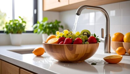 Ripe fruit in a wooden bowl is rinsed under a kitchen faucet