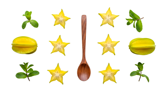 Arrange Starfruit Slices with Mint Sprigs and Wooden Spoon on Transparent Background, Flat Lay