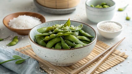 Healthy Edamame Bowl, Fresh Ingredients, Modern Kitchen, Food Photography, Bright Environment, Close-Up Shot, Nutrient-Rich Snack