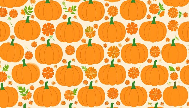 Repeating pattern of pumpkins and flowers on a light background