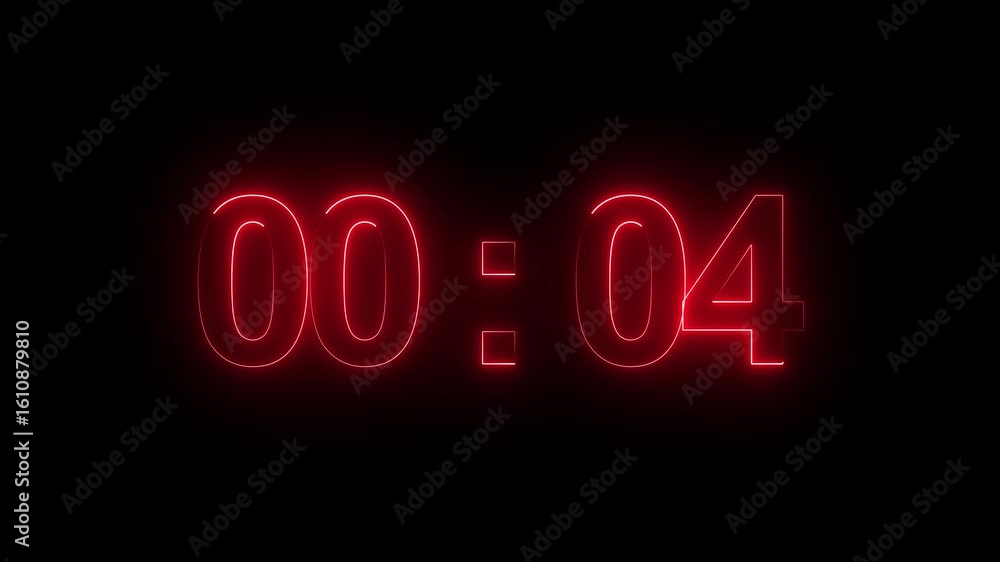 Poster digital countdown timer neon bright blue color animation of 29 second transparent on black backgroun