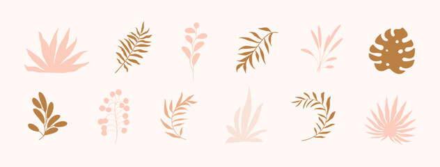 Vector abstract botanical icons. Story highlights template. Earthy colors natural organic fluid shapes. Social media bohemian jungle exotic leaves design. Boho style foliage bg. Twigs illustration