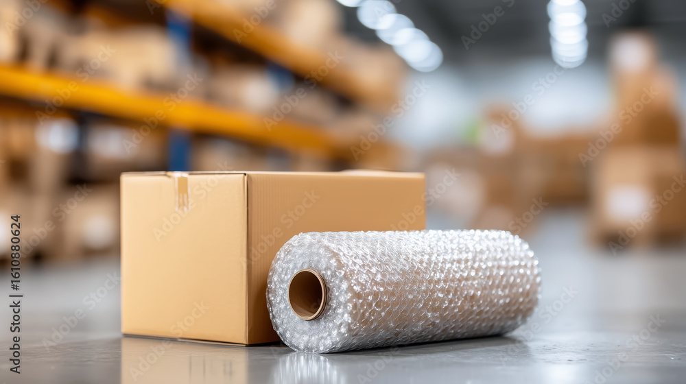 Poster close-up of a cardboard box next to a roll of bubble wrap in a warehouse setting with blurred backgr