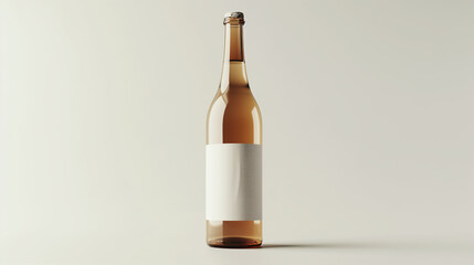 Amber glass bottle with blank label and wooden cap on a neutral background