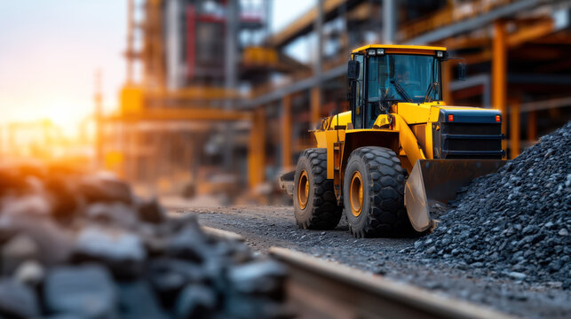 Powerful yellow loader at a construction site moving gravel with industrial buildings in the background during a vibrant sunset sky