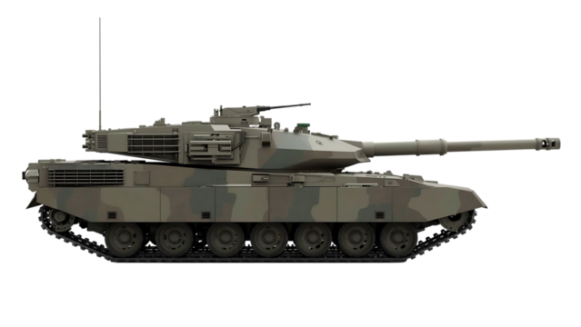 Modern military main battle tank with camouflage pattern isolated on transparent background