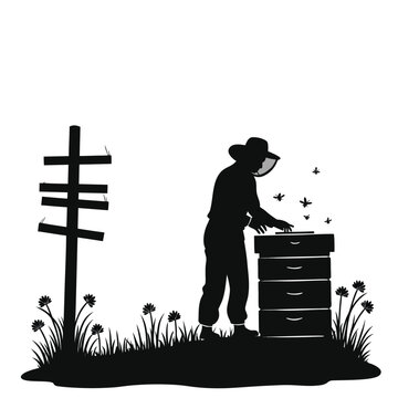 beekeeper tending beehive silhouette clip art preview