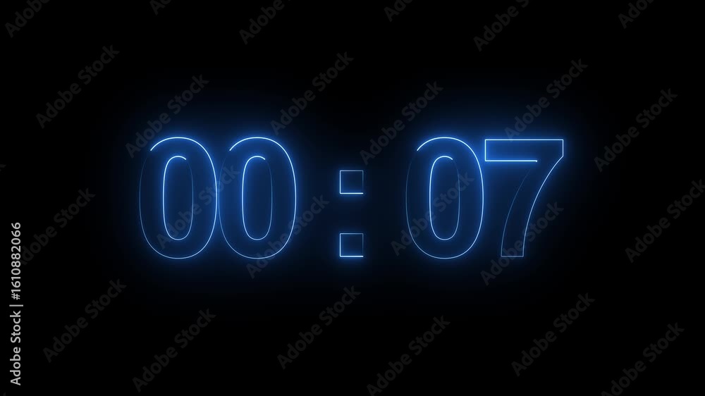 Poster digital countdown timer neon bright blue color animation of 29 second transparent on black backgroun