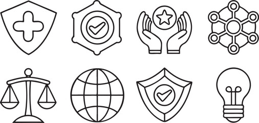 Isolated black core values icon set, includes trust, integrity, teamwork, transparency, respect, responsibility, innovation, mission, clean and minimal vector symbols