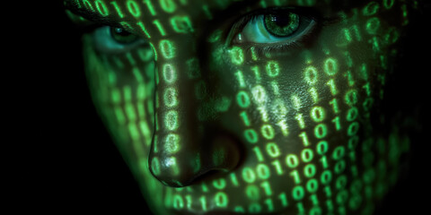 Close-up of a person's face illuminated by green binary code, representing digital technology, data processing, and the intersection of humanity and technology.