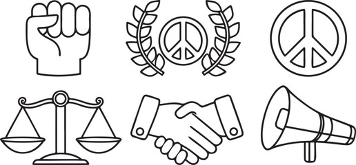 Isolated black social justice and equality icon set, includes protest fist, handshake, megaphone, unity, scale, raised arm, editable minimal icons for civil rights awareness