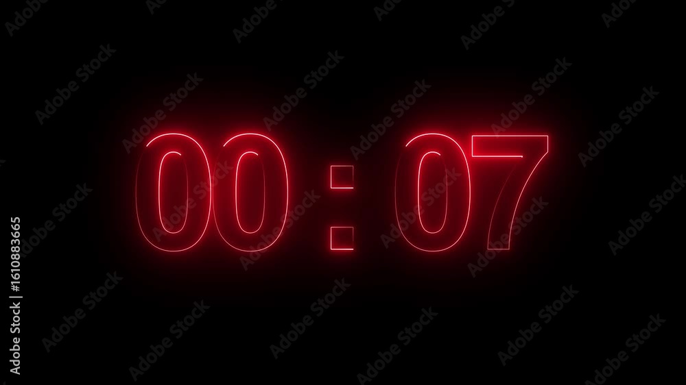 Poster digital countdown timer neon bright blue color animation of 29 second transparent on black backgroun