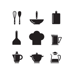 Flat kitchen icon bundle, black vector design, whisk, spoon, cutting board, measuring cup, chef hat, clean minimal layout 
