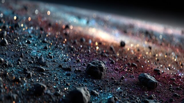 Asteroid belt with liquid graphite effect, cosmic debris visualization for educational content, astronomy diagram.
