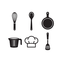Flat kitchen icon bundle, black vector design, whisk, spoon, cutting board, measuring cup, chef hat, clean minimal layout 