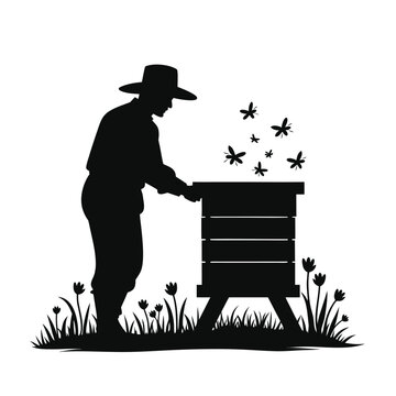 recommend clip art: Beekeeper tending hive with flying bees and flowers apiary beekeeping