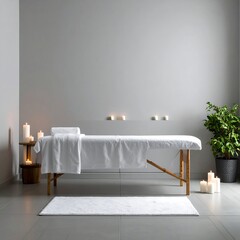 Serene spa room with massage table, candles, and plant