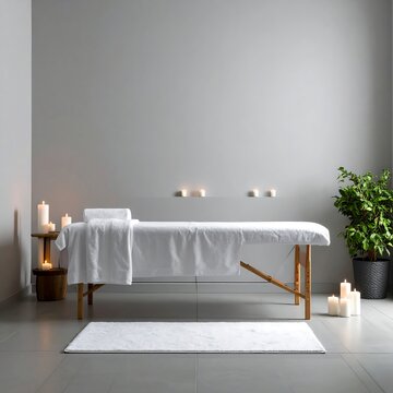 Serene spa room with massage table, candles, and plant
