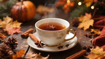 Steaming cup of tea with spices surrounded by autumn leaves and pumpkins on a rustic wooden table.