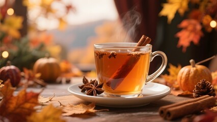 Steaming Cup of Spiced Tea with Cinnamon and Star Anise Amidst Autumn Leaves