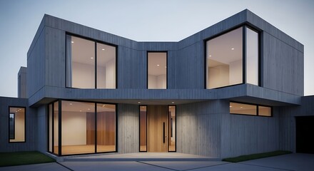 Modern minimalist house exterior with large windows and concrete facade at dusk