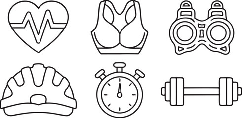 Isolated black healthy lifestyle and workout icons, includes heart pulse, cycling, sports bra, resistance band, helmet, stopwatch, editable vector set for fitness and wellness projects