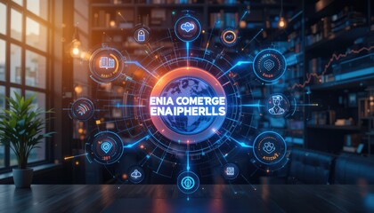 Obraz premium Global commerce and e-commerce digital network visualization in a modern office environment from a central viewpoint