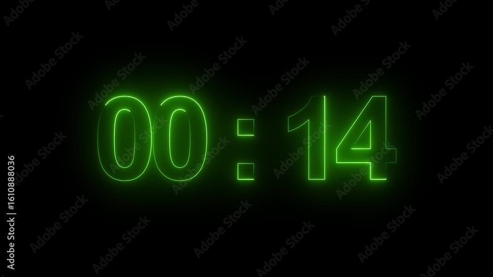 Poster digital countdown timer neon bright blue color animation of 29 second transparent on black backgroun