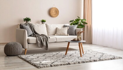 Minimalist living room with beige sofa, patterned rug, and plants