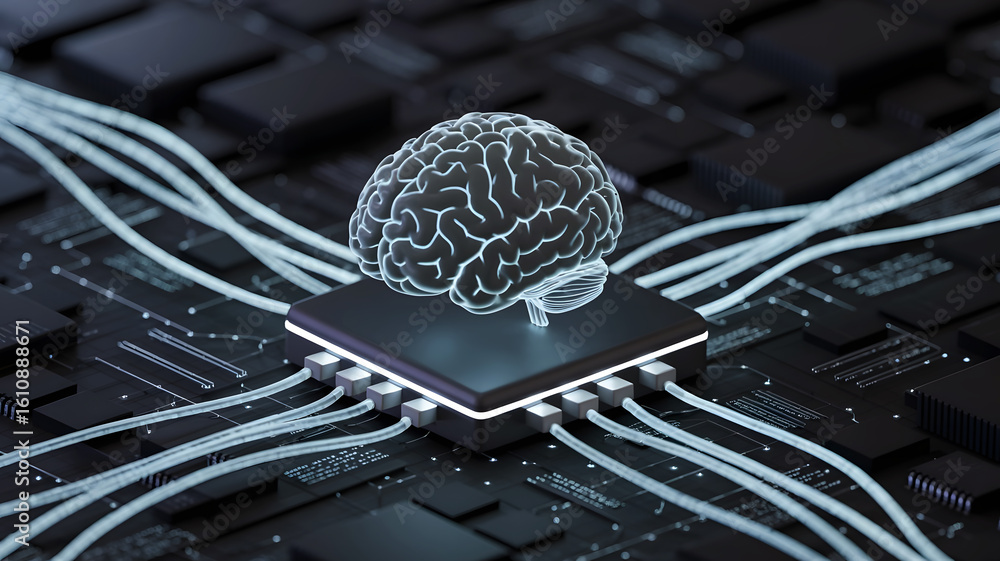 Poster futuristic glowing digital brain connected to a central processing unit on a circuit board