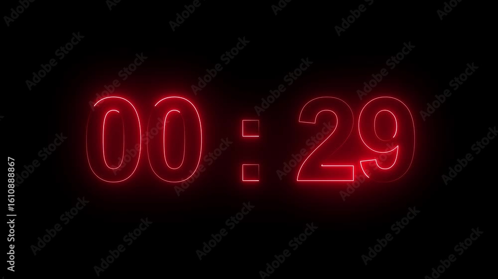 Poster digital countdown timer neon bright blue color animation of 29 second transparent on black backgroun