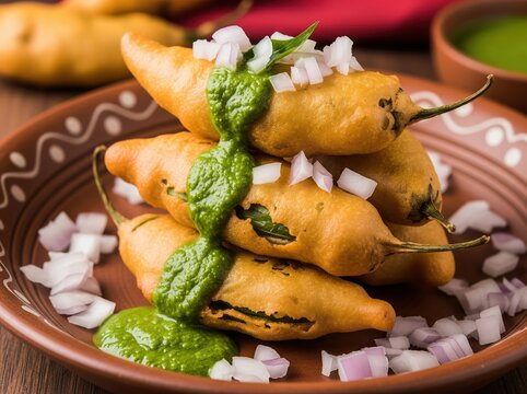 Stacked mirchi bajji on clay plate with green chutney and onions, crispy fried peppers served hot and spicy