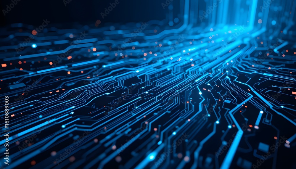 Poster abstract digital rendering of interconnected blue circuit pathways with glowing particles, suggestin