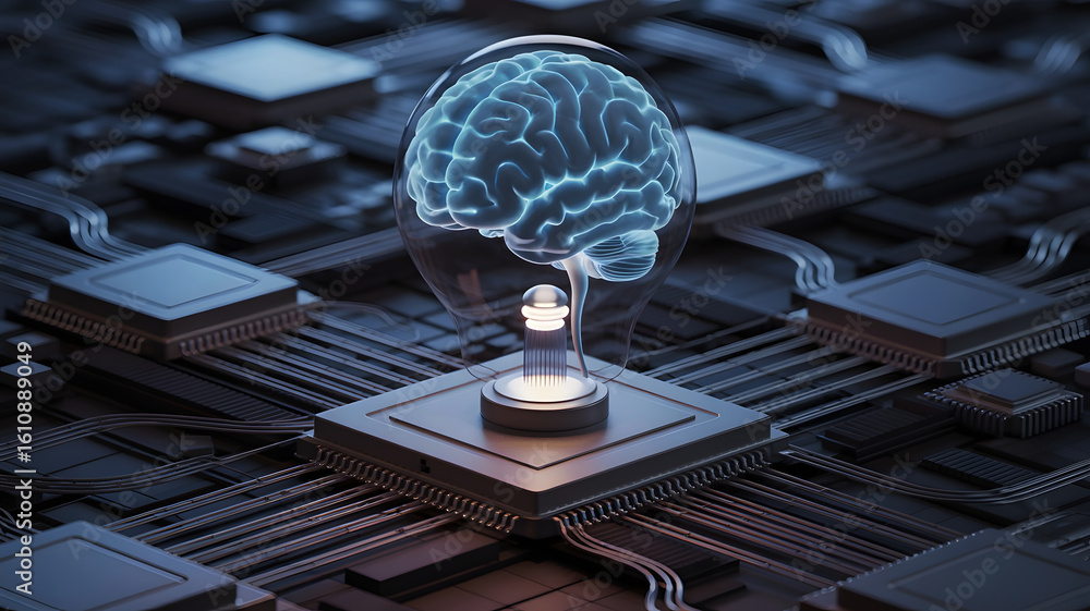 Poster glowing translucent digital brain with intricate circuitry and glowing blue lights representing arti